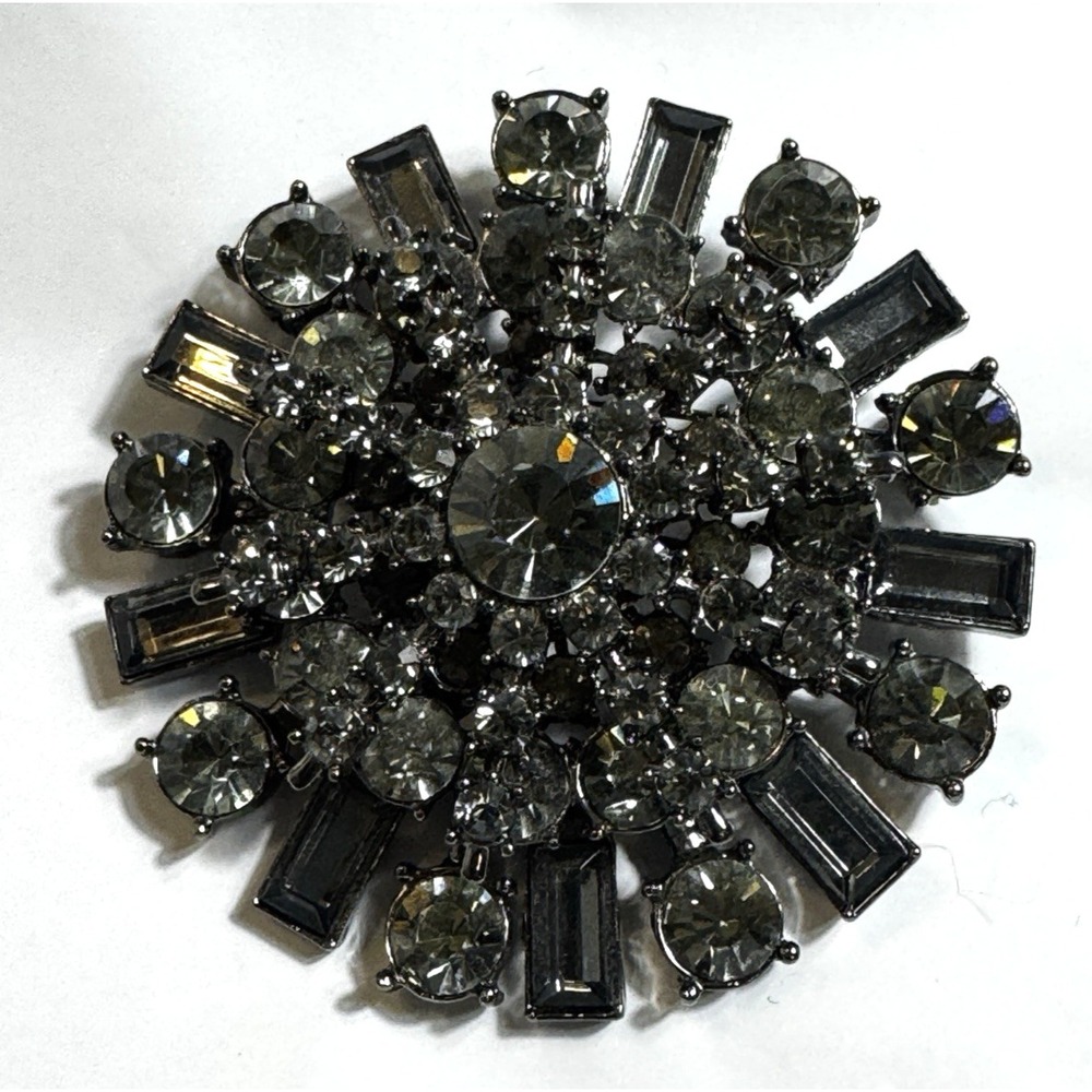 Gunmetal Starburst Brooch Smoky Grey Rhinestone Baguette Crystal Statement Pin